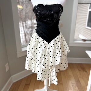 ZUM ZUM Vtg 80s Taffeta Ivory Black Polka Dot Bow Back Strapless Prom Dress 9 Jr